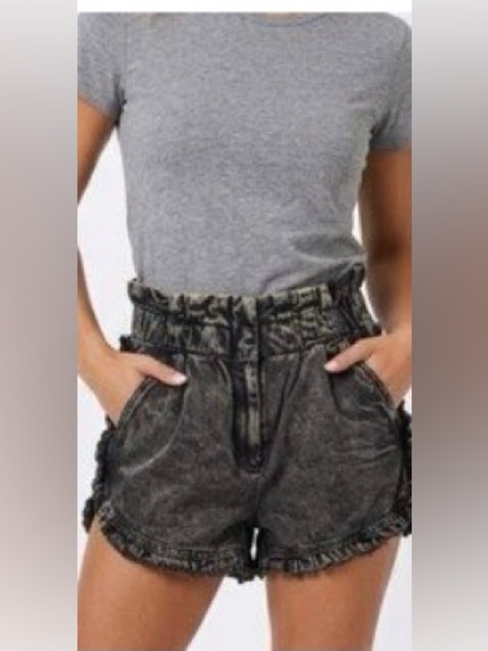 Sea NY Dax Black Acid Washed Denim Ruffle Paperbag Short